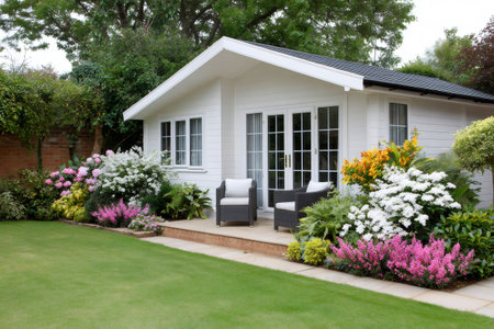 White modern garden building in a landscaped backyard with lush flowering plants and green lawnの素材