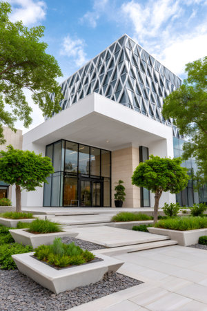 Modernist architecture featuring a dynamic geometric facade, glass entrance, and lush outdoor landscapingの素材
