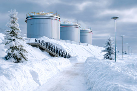Industrial oil tanks standing on a snow-covered hill with a cleared pathの素材
