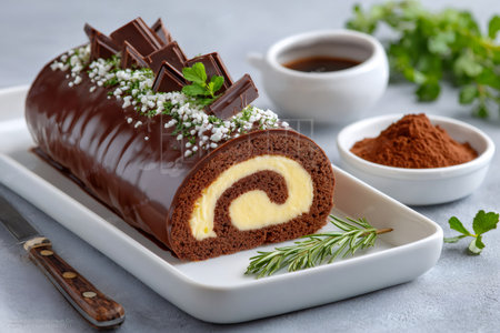 Chocolate roll cake covered in ganache with a creamy filling on a white plateの素材