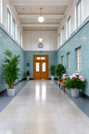 Hallway with light blue tiled walls, terrazzo floor, potted plants, and wooden doorの素材