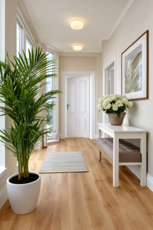 Modern hallway presenting a bright entry room with hardwood flooring and decorative elementsの素材