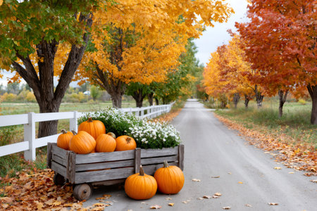 Pumpkins and white mums filling a wooden cart on a country road lined with colorful autumn treesの素材
