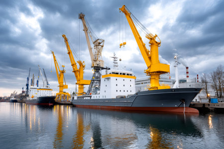 Industrial port with cargo ships docked, large yellow cranes working under a dramatic skyの素材