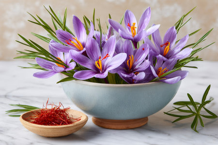 Crocus sativus flowers and dried saffron threads in ceramic bowls on marble surfaceの素材
