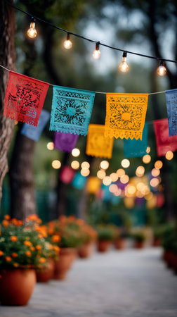 Vibrant papel picado flags and glowing string lights decorating an outdoor festive space with marigoldsの素材
