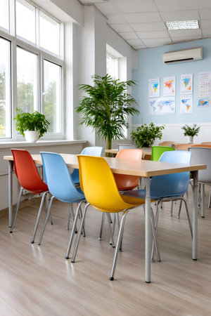 Modern school classroom with bright furniture and world maps for learningの素材
