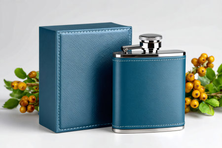 Stainless steel hip flask wrapped in textured blue leather with matching presentation boxの素材