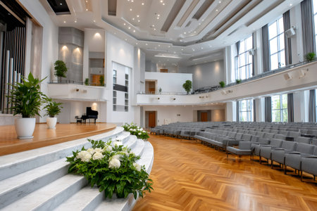 Spacious auditorium presenting a stage with a grand piano and seating for a concertの素材
