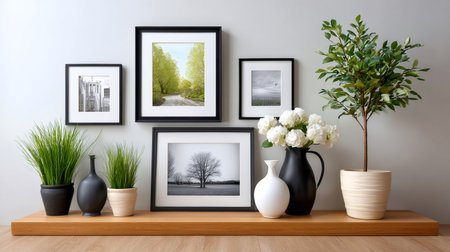 Home interior featuring modern decor elements on a wooden floating shelf against a gray wallの素材
