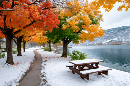 Autumn trees lining a path covered by the first snow near a lake, showing seasonal transitionの素材