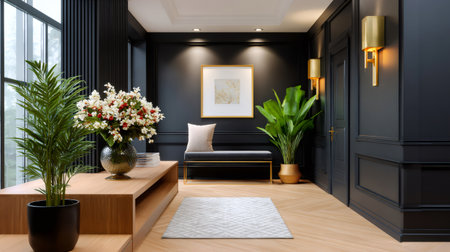 Contemporary entrance hall featuring black paneled walls, a wooden console, and green plantsの素材