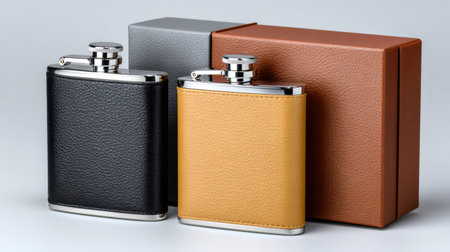 Two flasks with their gift boxes, showcasing elegance and gifting conceptsの素材