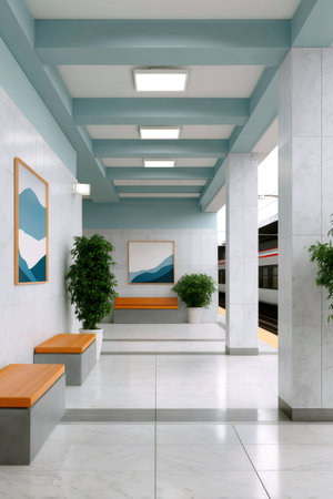 Clean passenger platform at a contemporary train station, featuring abstract art and plantsの素材