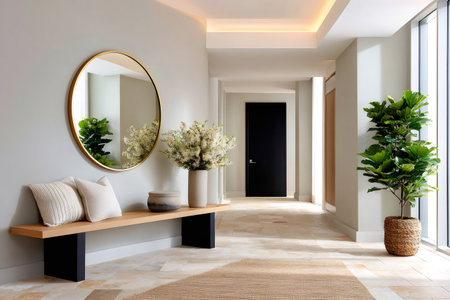 Hallway featuring a wooden bench, round mirror, potted plants, and minimalist contemporary designの素材