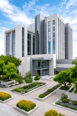 Contemporary office building featuring elegant architectural design and urban landscaping with lush plantsの素材