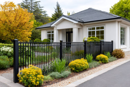 Modern residential house exterior with a black metal fence, well-maintained garden, and drivewayの素材