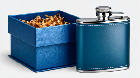 Blue leather hip flask standing next to an open gift box containing shredded paper fillingの素材