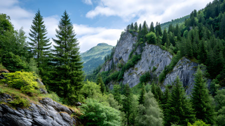 Lush green trees growing on steep mountainsides under a blue sky with white cloudsの素材