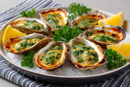 Oysters Rockefeller served on a bed of salt, garnished with fresh parsley and lemonの素材