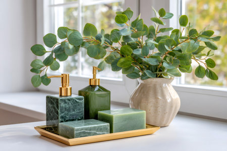 Bathroom accessories display featuring soap dispensers, soap bars, and eucalyptus branches on a trayの素材