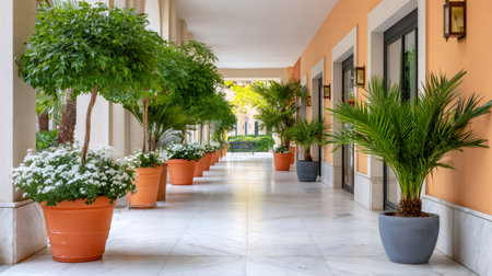 Long outdoor corridor featuring green potted plants and white flowers on a marble floorの素材