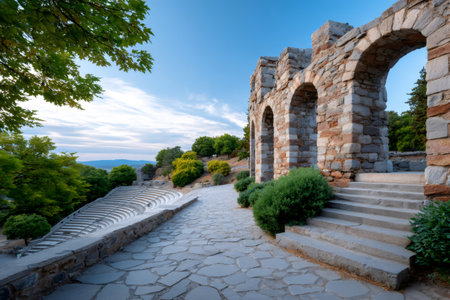 Ancient stone amphitheater ruins featuring arches, stairs, and a paved path under clear blue skyの素材