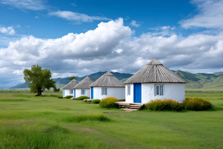 Mongolian yurts standing in a line on a vast green steppe under a blue skyの素材