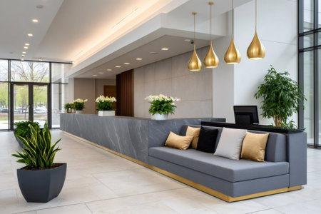 Stylish gray reception counter featuring a comfortable sofa and elegant gold pendant lightsの素材