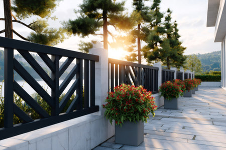 Terrace with modern railing and potted red flowers offering a serene view of the lake at sunsetの素材