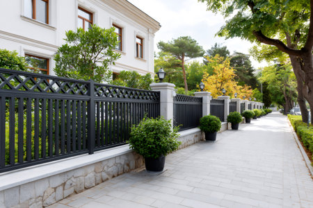 Modern residential building exterior with a black metal fence, stone wall, and green landscaping along a sidewalkの素材