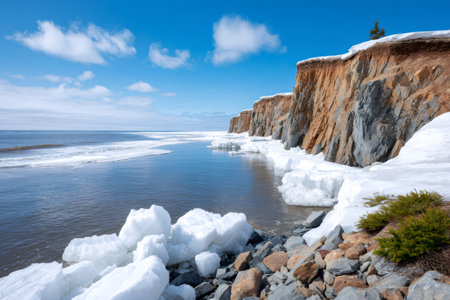 Ocean waves meeting a rocky beach with ice chunks and snow-covered cliffs under a blue skyの素材