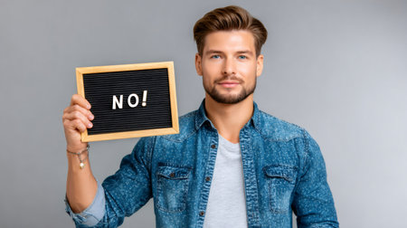 Young man holding a letter board with the word NO over a gray backgroundの素材
