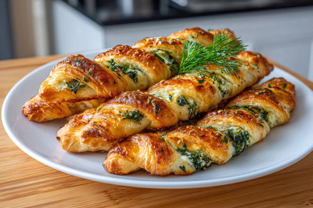 Twisted puff pastry filled with creamy spinach and cheese, garnished with fresh dillの素材