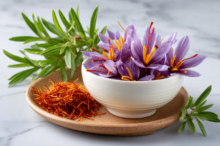 Saffron crocus flowers in a bowl with dried threads on a tray for spicesの素材