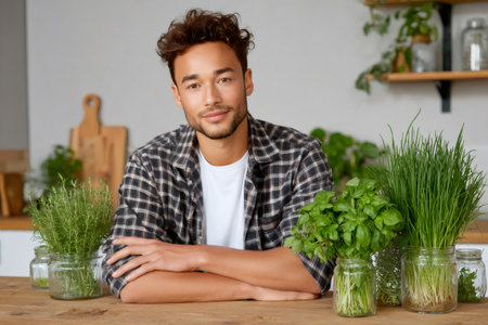 Man smiling at camera with various fresh herbs in glass jars on a kitchen counterの素材