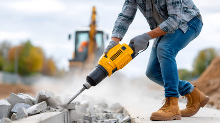 Construction worker breaking concrete with a powerful jackhammer tool on a roadwork siteの素材