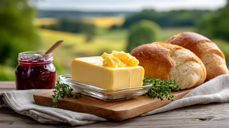 Fresh bread, butter, and berry jam arranged for an outdoor breakfast or picnic gatheringの素材