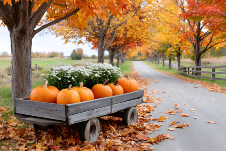 Pumpkins and white mums filling a wooden wagon on a country road lined with colorful autumn treesの素材