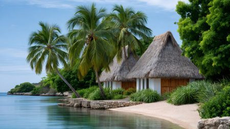 Resort huts with thatched roofs standing on a sandy beach next to the calm oceanの素材
