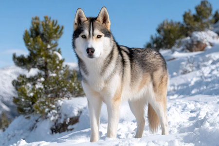 Siberian husky dog posing with its fur coat in a snowy mountain landscapeの素材