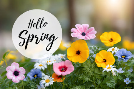 Greeting text Hello Spring featuring a vibrant field of colorful blooming flowers and green leavesの素材
