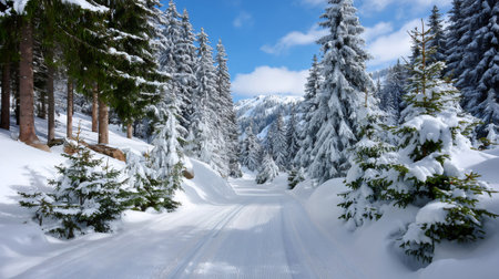 Prepared ski trail leads through a winter landscape with snow-covered pine trees and mountainsの素材