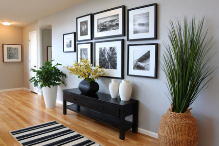 Hallway interior featuring a black console table, gallery wall art, and decorative plantsの素材