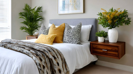 Modern bedroom styling with upholstered bed, floating nightstands, faux fur throw, and decorative plantsの素材