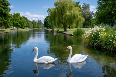 Two white swans floating gracefully on clear water with lush green banks and treesの素材