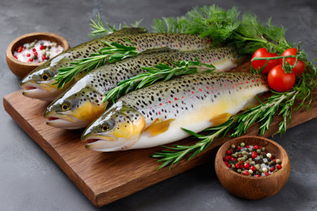 Raw brown trout laying on a wooden cutting board with rosemary, dill and tomatoesの素材