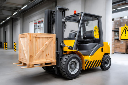 Forklift lifting a wooden crate on a pallet inside a modern industrial warehouseの素材