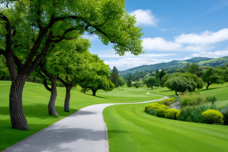 Golf course landscape featuring a winding path, lush green grass, and abundant trees under sunny skiesの素材