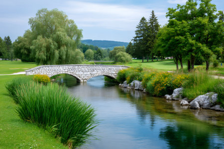 River flowing under a stone bridge on a golf course with green trees and hillsの素材